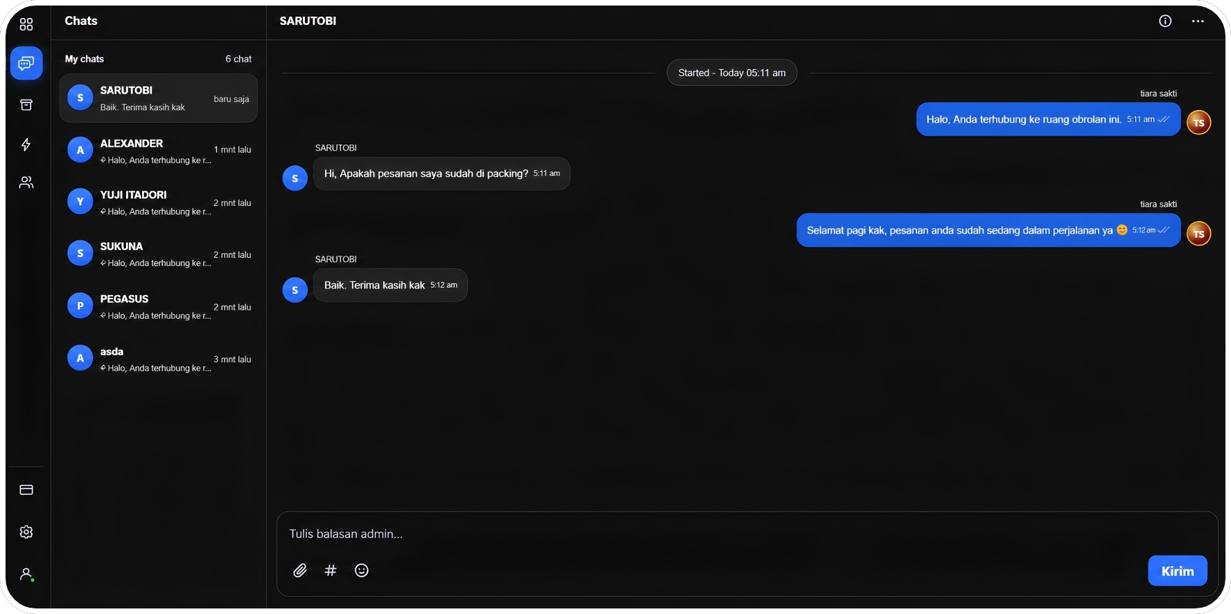 Dashboard chat admin SaktiChat