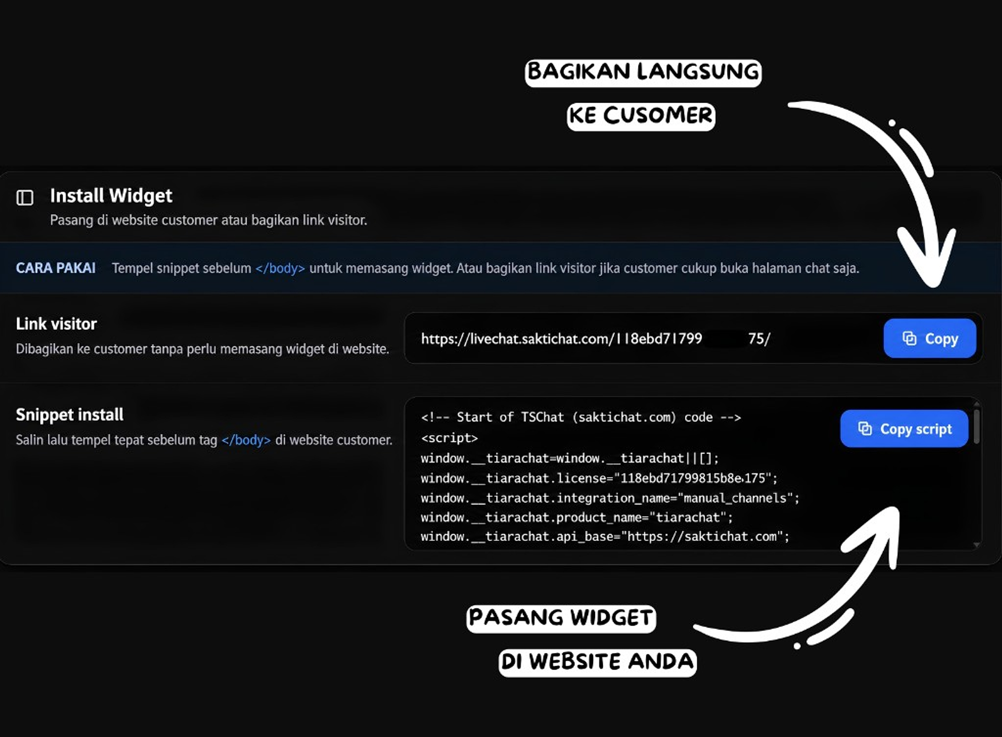 Tampilan install widget SaktiChat